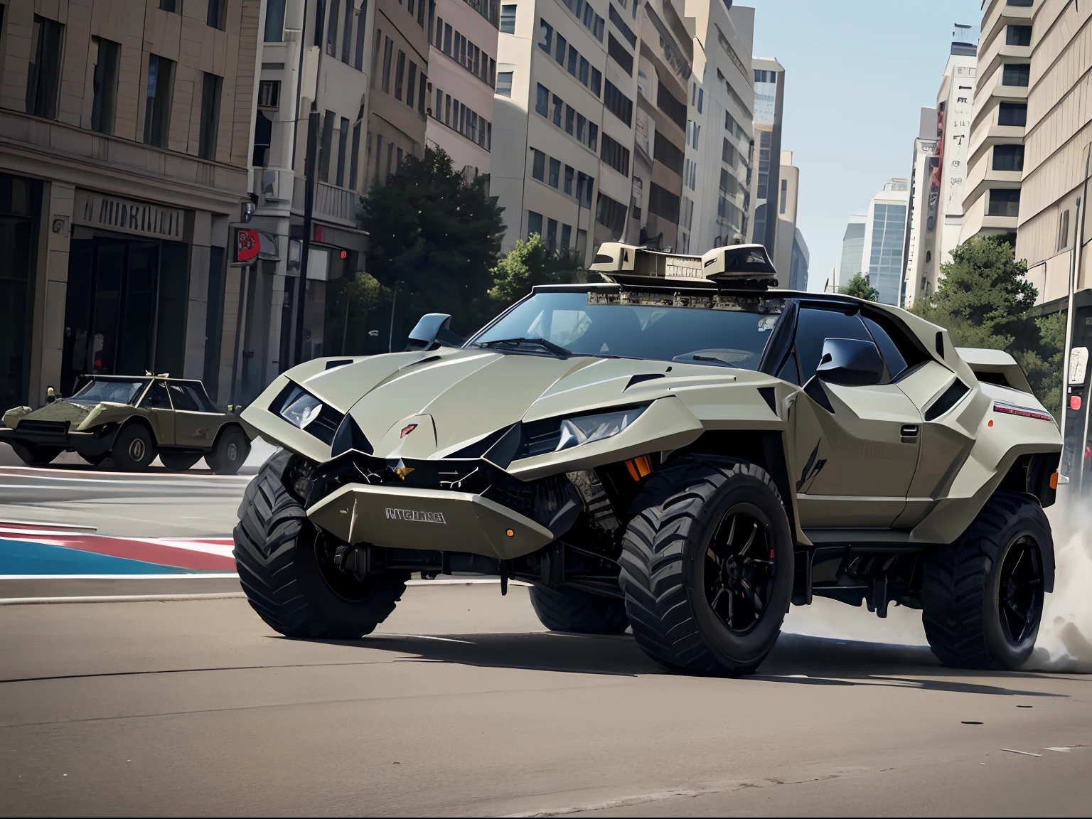 motor car、(lamborghini)、(military vehicle:1.5)、machine guns、rubble、high-detail、Photorealsitic、running in the city、Strong car、(sportscar)、SUV