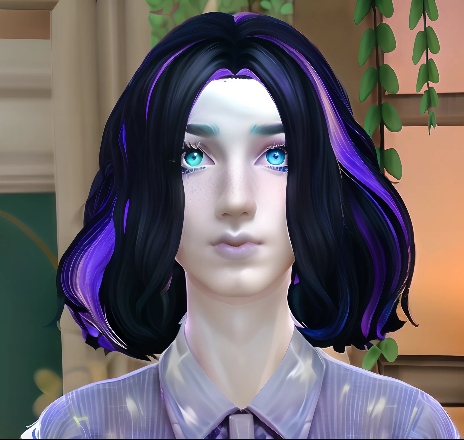 Young non binary androgynous extremelly beautiful person, white hair, heterochromia  unique two colors green and blue eyes, vibrant pale night skin color, curly medium hair, ultra realistic, male androgynous, sexy, dreamy eyes