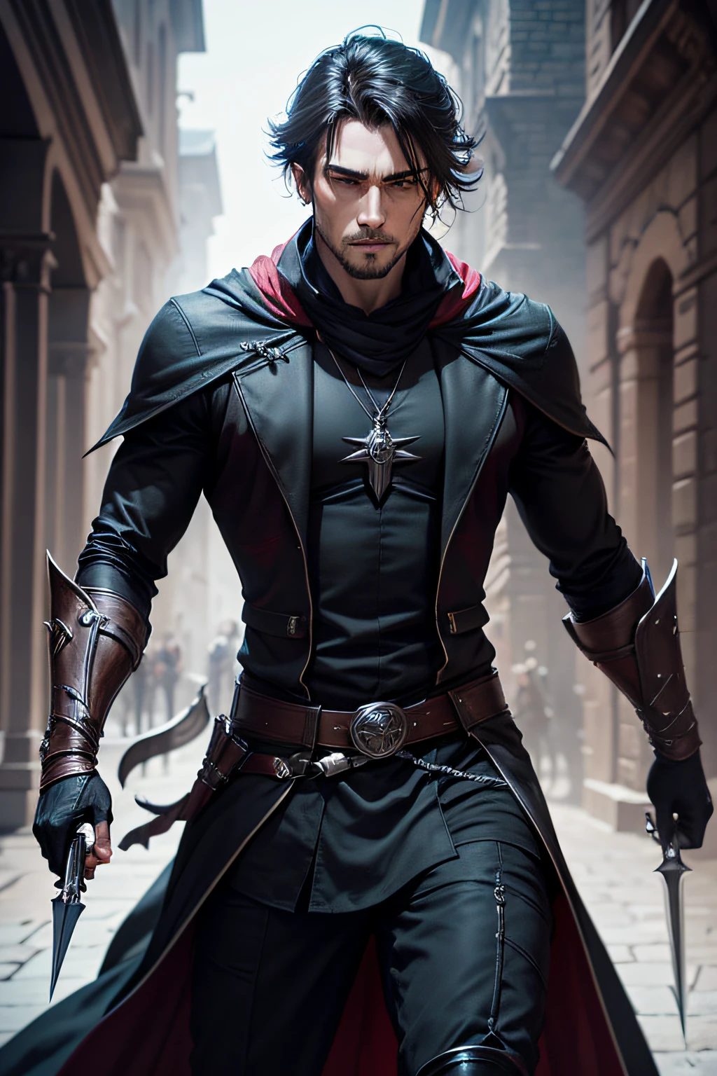 men assassin in black costume with magic daggers