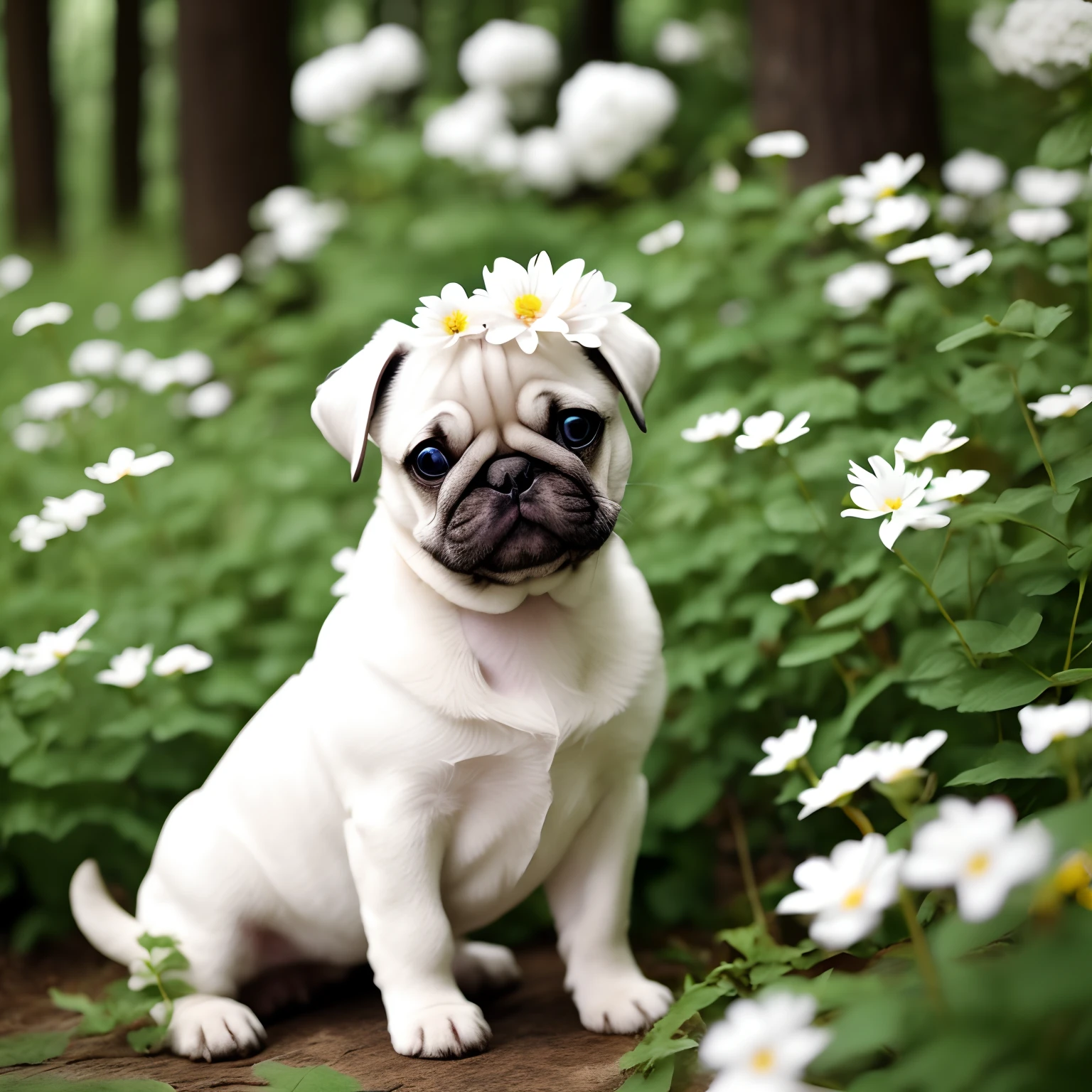 White puppy pug、、the woods、Cute flowers on the head、play、