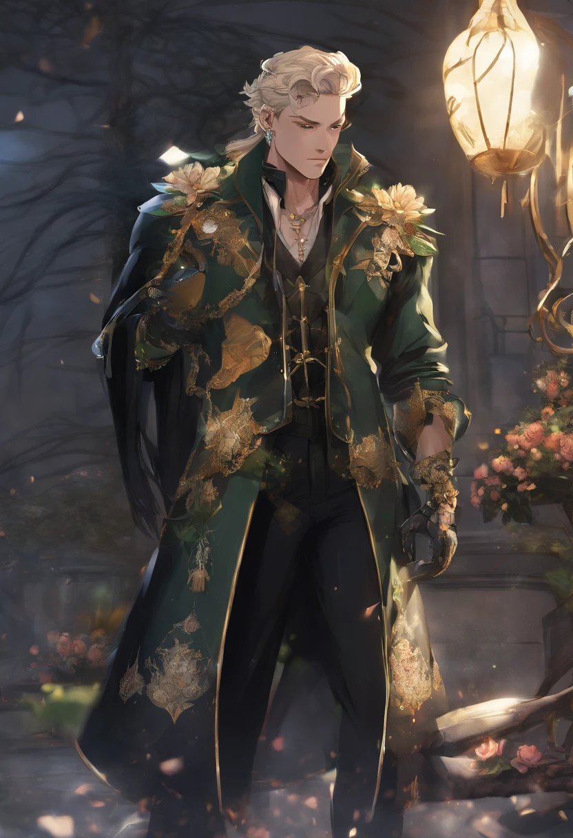 Brantley, Male, long curly hair with a flower headband, wearing sleeveless top with a half vest and top jacket bell bottom dark jeans with sandals, ribbon around neck, metal shard wings with gem, colors are green black and dark-golden, glowing city at night, masterpiece, best quality