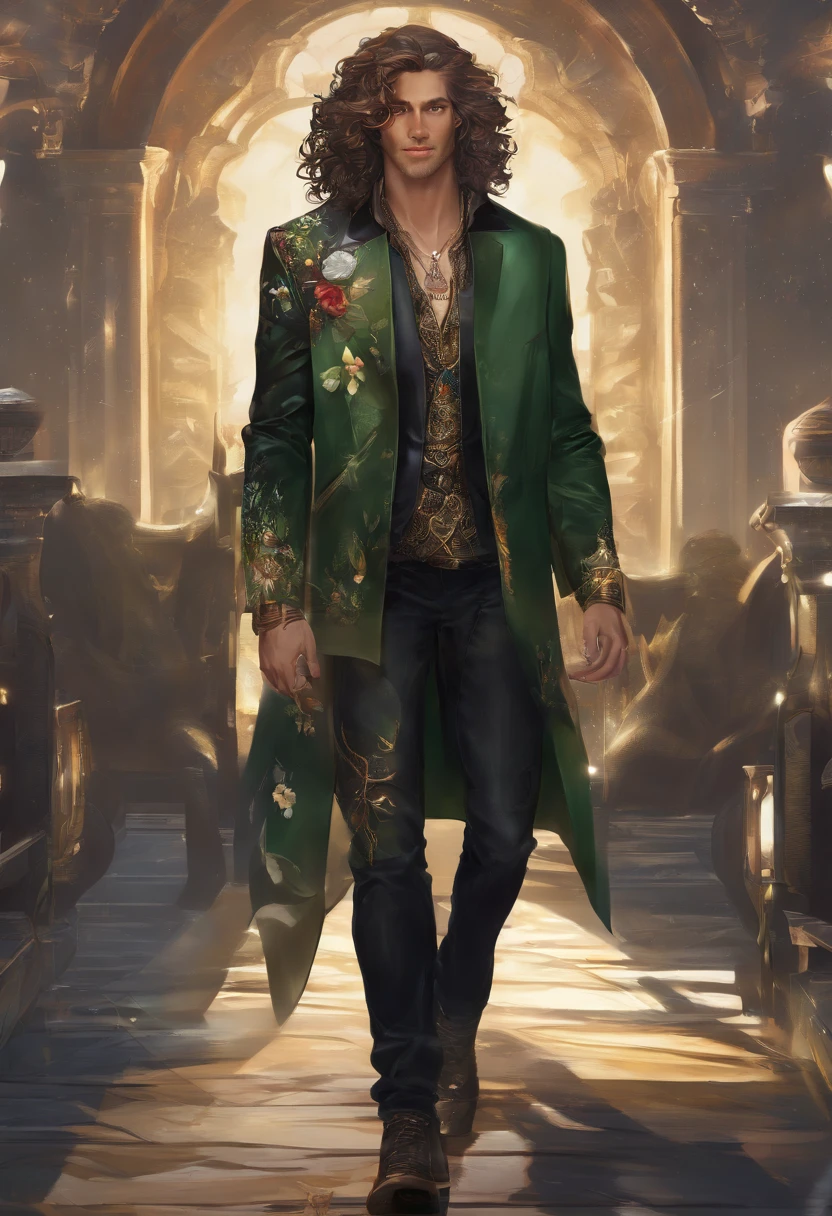 Brantley, Male, long curly hair with a flower headband, wearing sleeveless top with a half vest and top jacket bell bottom dark jeans with sandals, ribbon around neck, metal shard wings with gem, colors are green black and dark-golden, glowing city at night, masterpiece, best quality