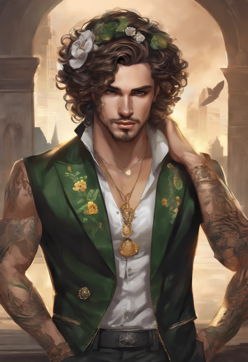 Brantley, Male, long curly hair with a flower headband, wearing sleeveless top with a half vest and top jacket bell bottom dark jeans with sandals, ribbon around neck, metal shard wings with gem, colors are green black and dark-golden, glowing city at night, masterpiece, best quality