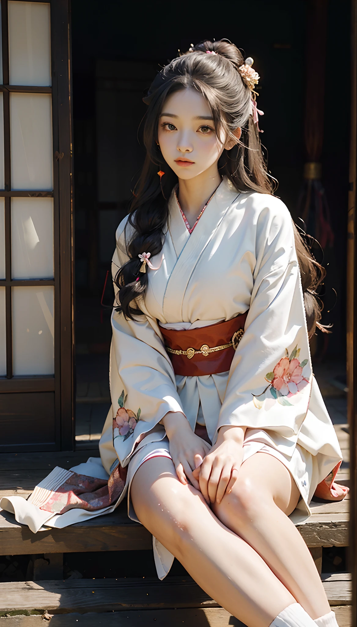 meticulous portrayal of face,1 noblewoman,(Hairpins),(Camellia kimono),(Long flowing colored hair),Simple and elegant Japanese clothing,Collar,(black sock,black sock+,clogs), s the perfect face, perfect hand, Perfect Finger, Perfect lips, perfect eyes,Extremely normal body,Ancient Japanese town background,Perfect background