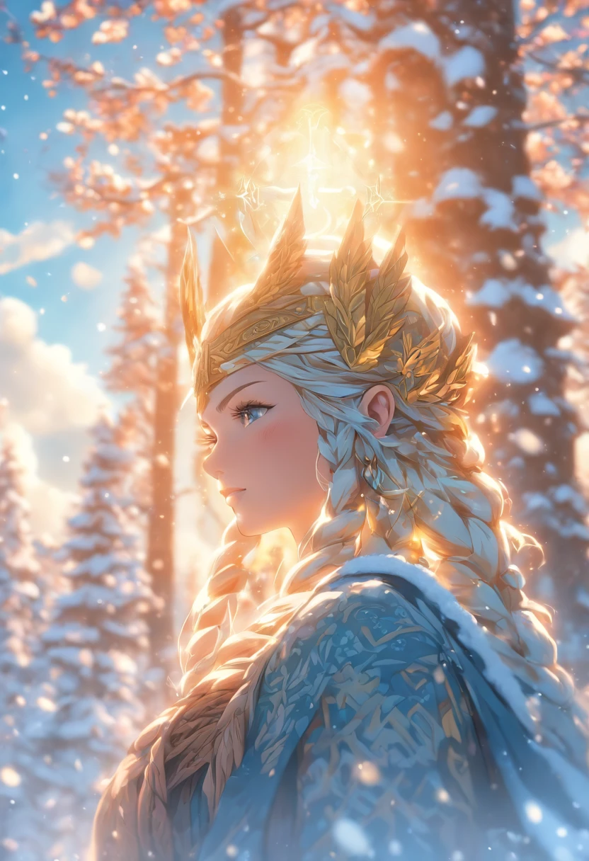 the best quality, very high resolution, detailed 4K CG, master piece, Frigg, mother goddess, Norse goddess, mature woman, rune tattoos, snow, tall trees, blue sky, Norse mythology, rune tattoo, beautiful aesthetics, Beautiful image
