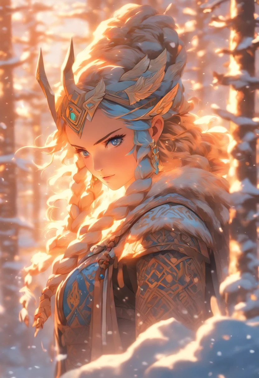 the best quality, very high resolution, detailed 4K CG, master piece, Frigg, mother goddess, Norse goddess, mature woman, rune tattoos, snow, tall trees, blue sky, Norse mythology, rune tattoo, beautiful aesthetics, Beautiful image