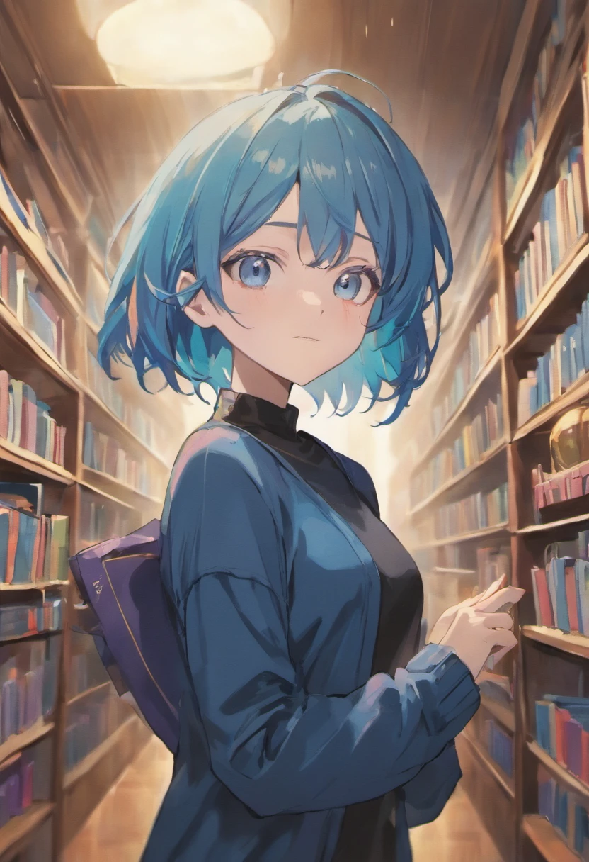 top-quality, masterpiece, ultra-detailliert, girl with, 独奏, evil smile,Blue eyes,(Black and blue mesh hair), (Reading books in the library),short-cut, multicolored hair、small tits、(neuter)、a pixie cut、a cool、hair over eyes、hair between eye、Blue eyes、natta、long-sleeve、Black knitwear