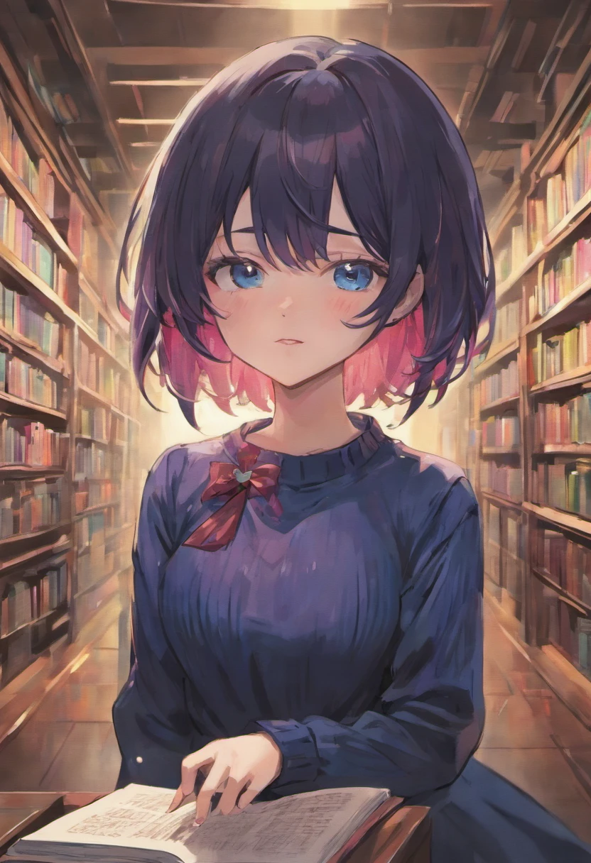 top-quality, masterpiece, ultra-detailliert, girl with, 独奏, evil smile,Blue eyes,(Black and blue mesh hair), (Reading books in the library),short-cut, multicolored hair、small tits、(neuter)、a pixie cut、a cool、hair over eyes、hair between eye、Blue eyes、natta、long-sleeve、Black knitwear