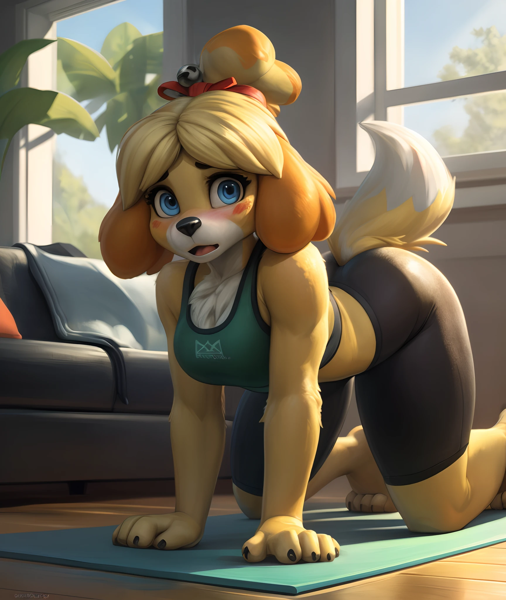 [isaCrossing], [Isabelle; Animal Crossing], [Uploaded to e621.net; (Pixelsketcher), (wamudraws)], ((masterpiece)), ((solo portrait)), ((front view)), ((feet visible)), ((furry; anthro)), ((detailed fur)), ((detailed shading)), ((beautiful render art)), {anthro; yellow fur, black nose, small brown eyebrows, cute surprised blue eyes, surprised, (blushing), blonde hair, (bells in hair), topknot, fluffy tail, (beautiful feet)}, {(red ribbon), (green sports bra), (black spandex yoga pants)}, {(on yoga mat), (all fours), (ass raised in air)}, [background; (living room), (window), (sun rays)]