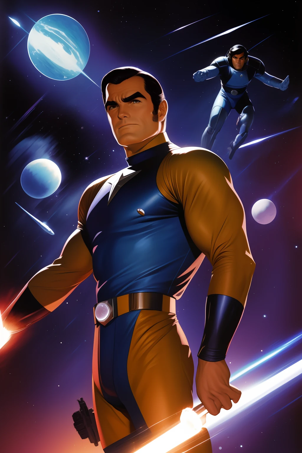 ((SFW))Arte estilo john Buscema,A closeup of Buck Rogers in the twentieth century facing his enemies in the void of space.((SFW))