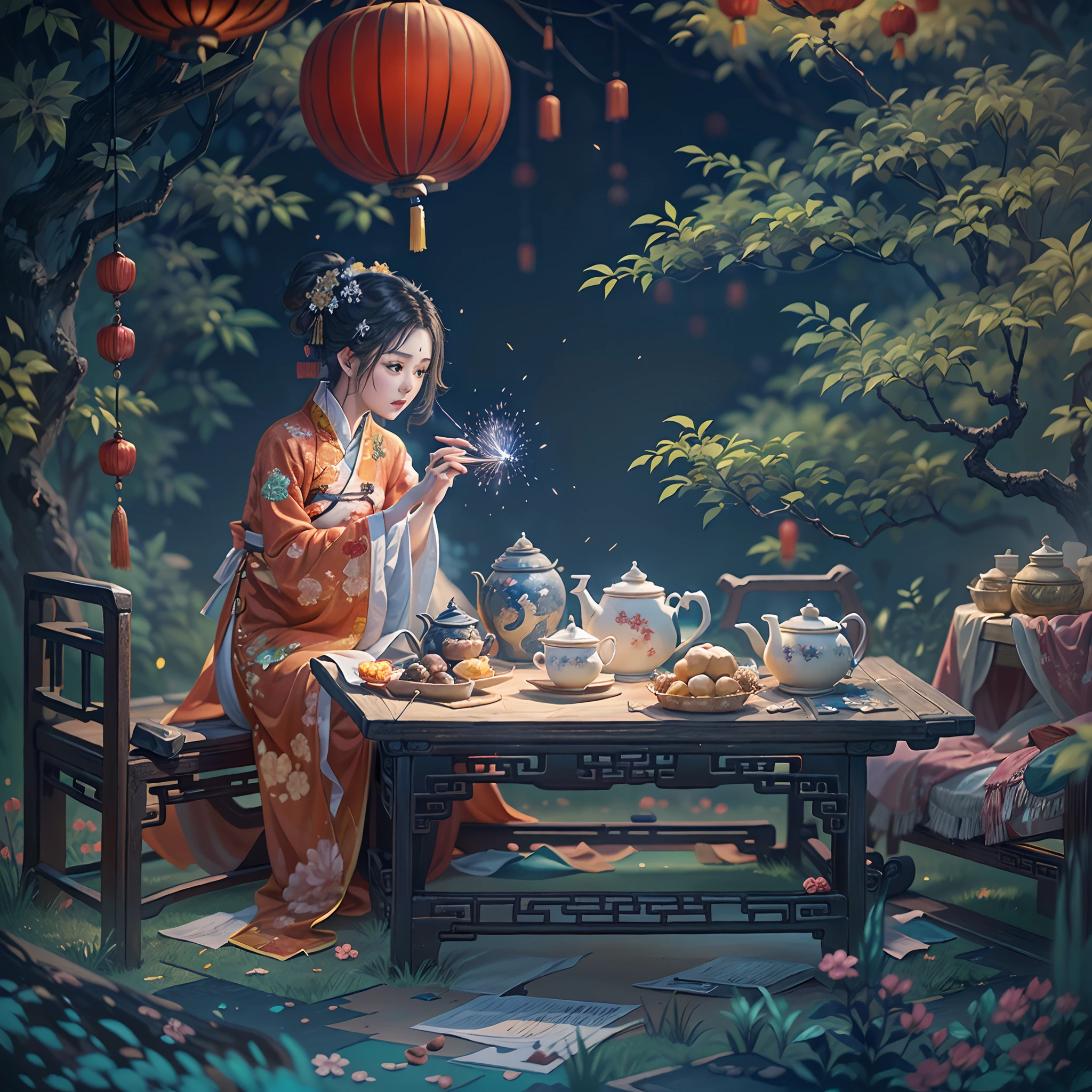 ((Ancient Chinese scenery,in a panoramic view,Faraway view)),Mid-Autumn Festival,moon full,Glowing moon,A garden overgrown with osmanthus and bamboo forests,1 family sitting together,Children eating happily food,There was wine on the table in front of him、Tea and mooncakes,nigh sky,Fireworks explosions,starlights,blue backdrop,palaces,sparkler,(A complete painting),(Extremely detailed picture),(light and shadow effect),(Movie lighting),(cinema4d),(Light particle tracing),(rendering by octane),(Layered artistic effects),(Best Painting),(Master painting),(8K分辨率),(photorealestic,realisticlying,tmasterpiece,anatomy correct,Accurate perfect korean girl face,1.4x realism,hyper HD),(The is very detailed,reasonable design,Clear lines,High- sharpness,best qualtiy,offcial art)