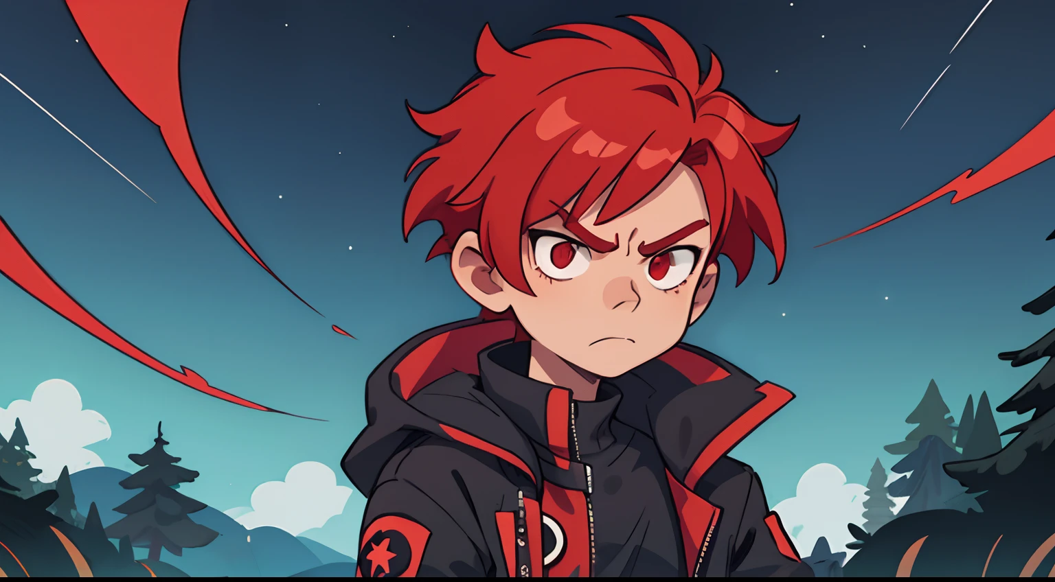 1 male, red hair wearing a black jacket, serious face , looking at stars