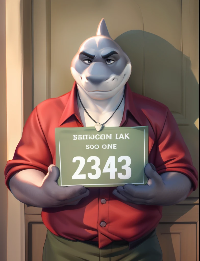 mr shark, plump, fat, belly, black eyes, (pose:1.3), (posing:1.3), (soft shading), 4k, hi res, five fingers, detailed hands, ((detailed face, (detailed eyes:1.0), detailed)), (full body), by zackarry911, by zaush, (by personalami:0.5), looking at viewer, shirt, 1boy, jacket, male focus, open clothes, pants, red shirt, dog tags, green pants, giant head, huge head, big head