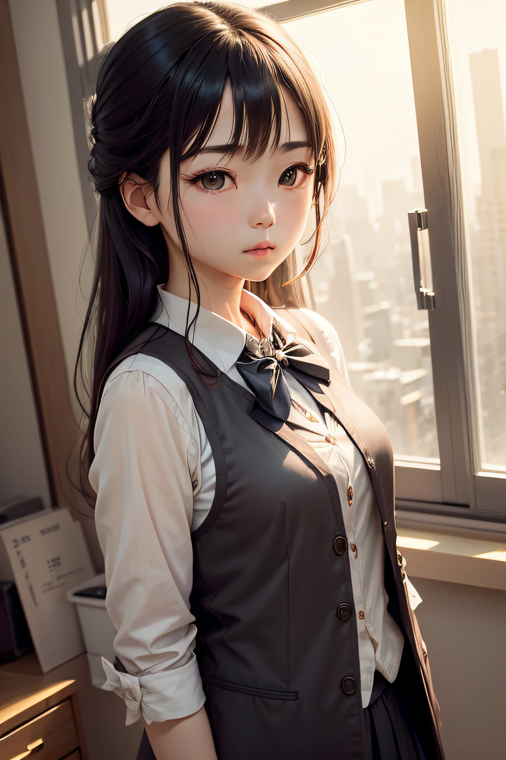 1人、a matural female、vests、the bow、a picture、realisticlying、top-quality、adopt、A detailed face、s Office、Building from the window、细致背景、Diffused sunlight、depth of fields、Calm and thoughtful appearance