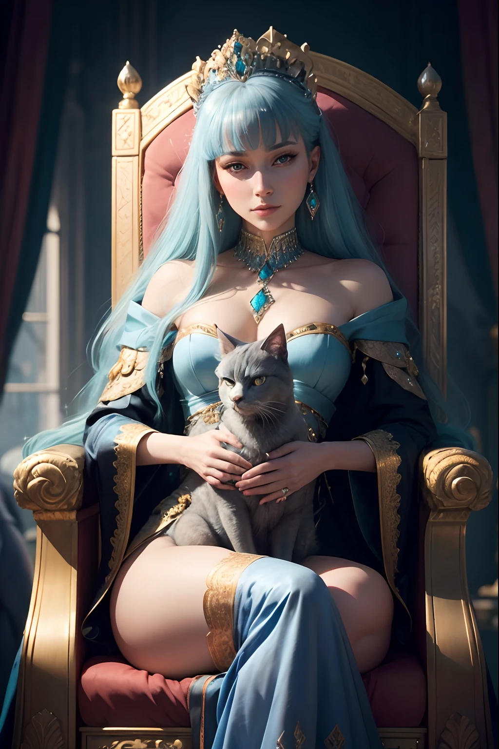 In a grand palace, adorned with sparkling turquoise and onyx diamonds, a Russian blue princess sits upon her throne, her majestic presence enhanced by the intricate details of her regal attire. As she gazes upon her kingdom, her beloved black and blue Russian cat rests comfortably on her lap, a symbol of her power and grace. The throne itself is adorned with sparkling turquoise and onyx diamonds, a testament to the princess's wealth and status.