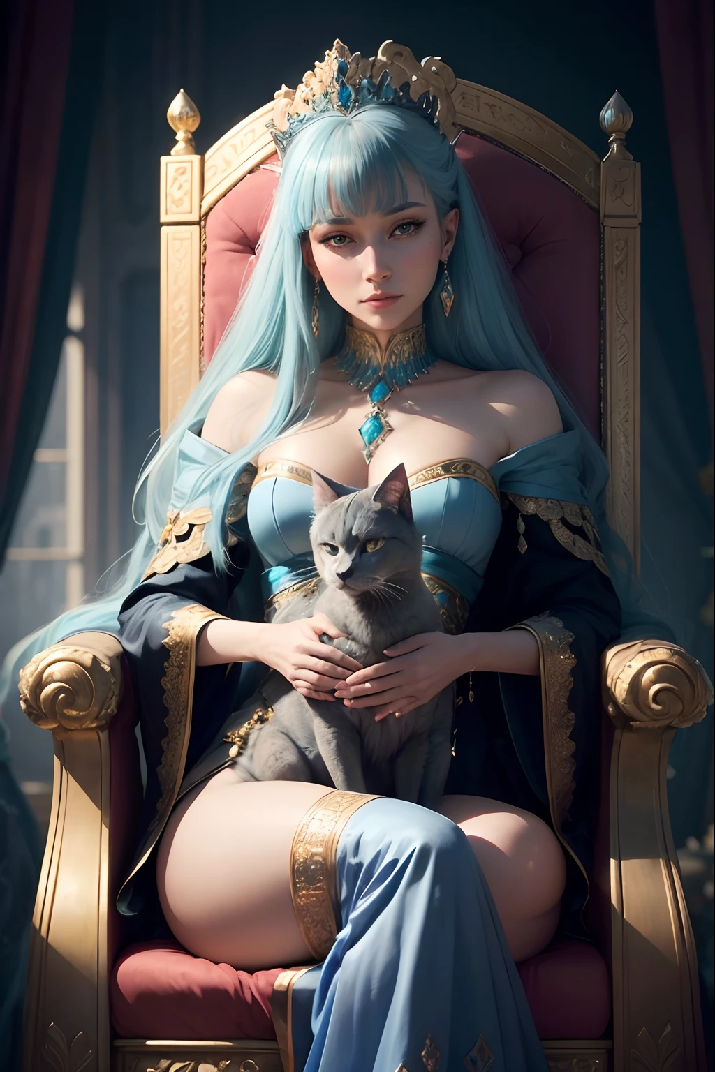 In a grand palace, adorned with sparkling turquoise and onyx diamonds, a Russian blue princess sits upon her throne, her majestic presence enhanced by the intricate details of her regal attire. As she gazes upon her kingdom, her beloved black and blue Russian cat rests comfortably on her lap, a symbol of her power and grace. The throne itself is adorned with sparkling turquoise and onyx diamonds, a testament to the princess's wealth and status.