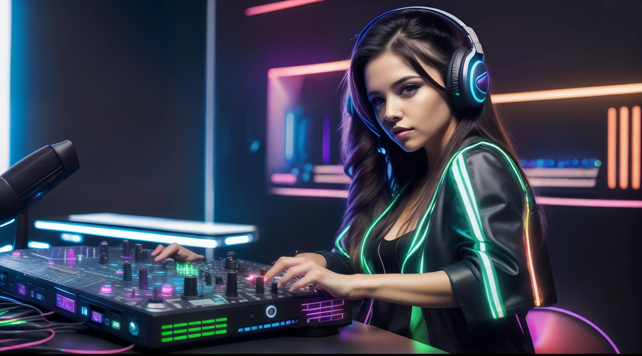 Detalhado DJ girl linda com cabelo longo e loiro, DJ Controller com Neon, Super vibrant music lights. looking at me with his hand in my direction