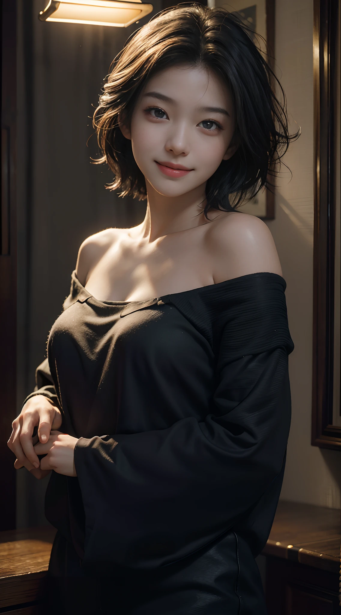 17 age、a smile、top-quality、masterpiece、超A high resolution、(realistic:1.4)、Raw photo、女の子 1 人、off shoulders、lighting like a movie