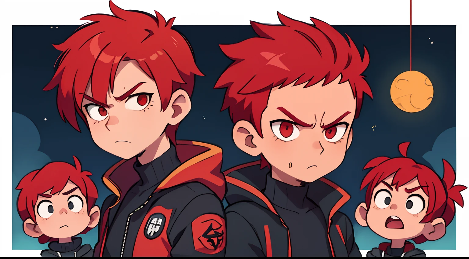 1 male, red hair wearing a black jacket, serious face , looking at stars
