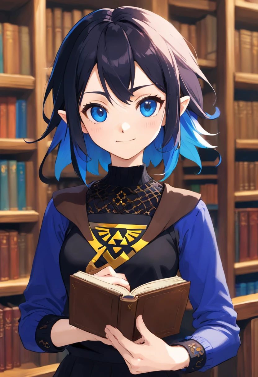 top-quality, masterpiece, ultra-detailliert, girl with, 独奏, evil smile,Blue eyes,(Black and blue mesh hair), (Reading books in the library),short-cut, multicolored hair、small tits、(neuter)、a pixie cut、a cool、hair over eyes、hair between eye、Blue eyes、natta、long-sleeve、Black knitwear