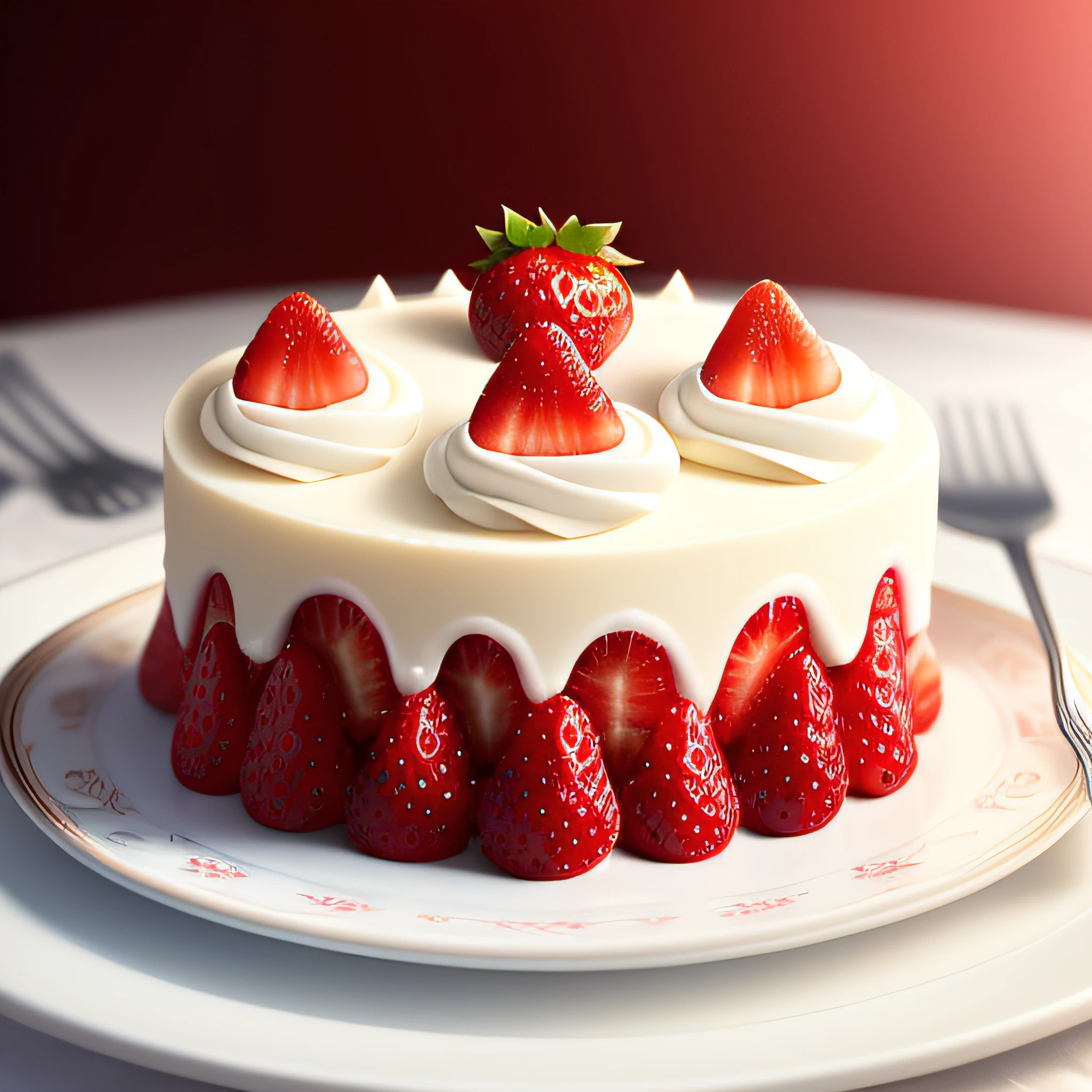 (raw photo), masterpiece, high quality, best quality, cake strawberries with cream on a plate, foodphoto, blurred background, full view, 8k, excellent quality.