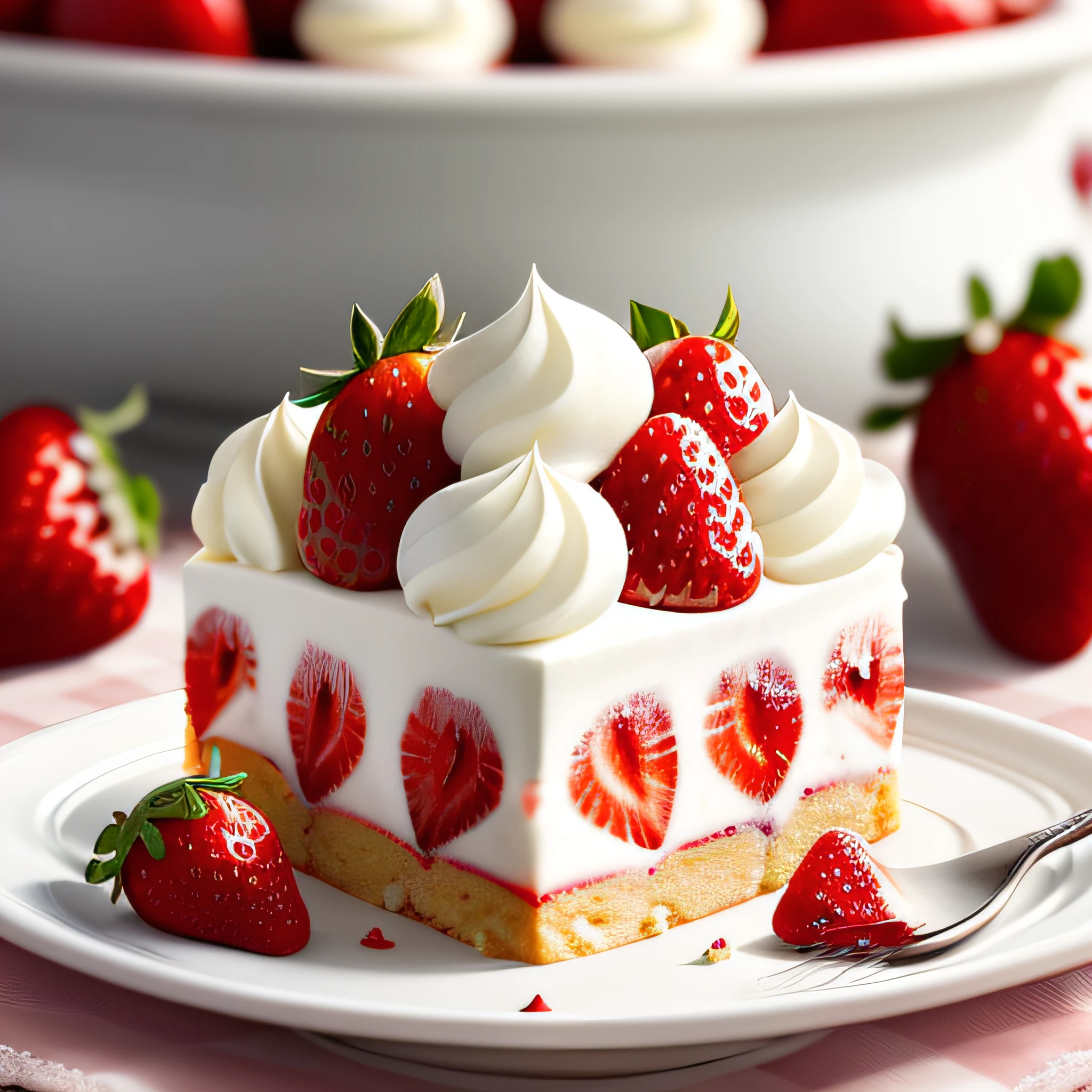 (raw photo), masterpiece, high quality, best quality, cake strawberries with cream on a plate, foodphoto, blurred background, full view, 8k, excellent quality.
