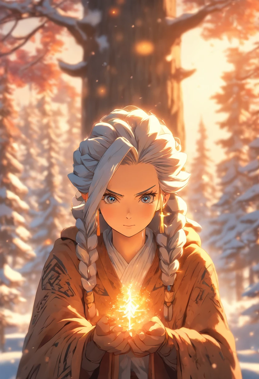 the best quality, very high resolution, detailed 4K CG, master piece, elderly woman, old woman, nordic clothes, mature woman, rune tattoos, snow, tall trees, blue sky, nordic mythology, rune tattoo, beautiful aesthetics, Beautiful image
