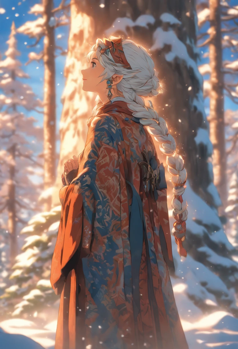 the best quality, very high resolution, detailed 4K CG, master piece, elderly woman, old woman, nordic clothes, mature woman, rune tattoos, snow, tall trees, blue sky, nordic mythology, rune tattoo, beautiful aesthetics, Beautiful image