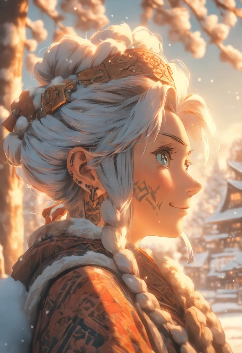 the best quality, very high resolution, detailed 4K CG, master piece, elderly woman, old woman, nordic clothes, mature woman, rune tattoos, snow, tall trees, blue sky, nordic mythology, rune tattoo, beautiful aesthetics, Beautiful image