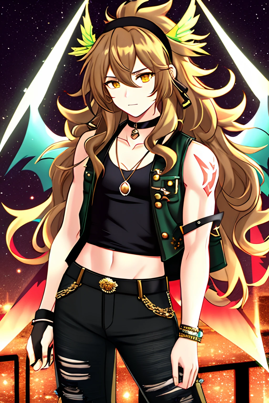 Brantley, Male, long curly hair with a flower headband, wearing sleeveless top with a half vest and top jacket bell bottom dark jeans with sandals, ribbon around neck, metal shard wings with gem, colors are green black and dark-golden, glowing city at night, masterpiece, best quality