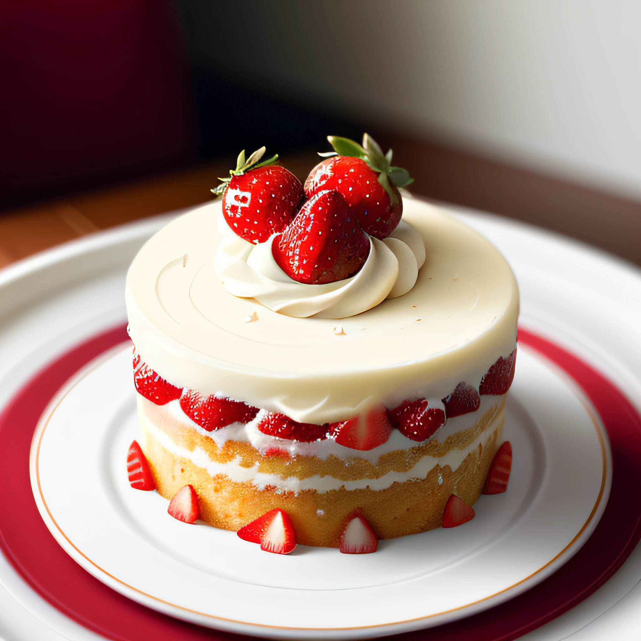 (raw photo), masterpiece, high quality, best quality, cake strawberries with cream on a plate, foodphoto, blurred background, full view, 8k, excellent quality.