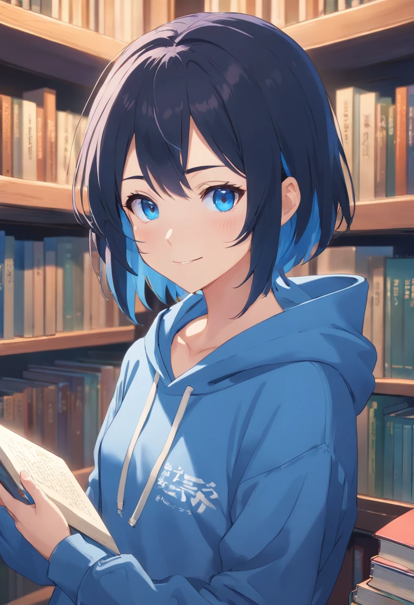 top-quality, masterpiece, ultra-detailliert, girl with, 独奏, evil smile,Blue eyes,(Black and blue mesh hair), (Reading books in the library),short-cut, multicolored hair、small tits、(neuter)、a pixie cut、a cool、hair over eyes、hair between eye、Blue eyes、natta、long-sleeve、Black hoodie