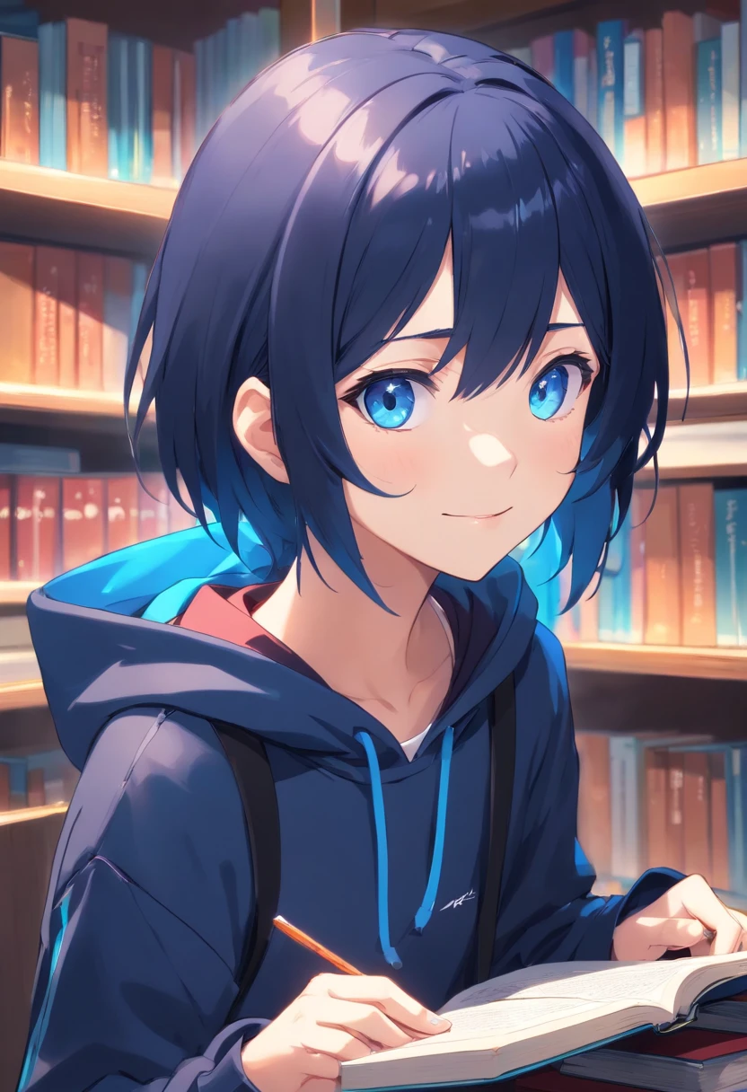 top-quality, ​masterpiece, ultra-detailliert, girl with, 独奏, evil smile,Blue eyes,(Black and blue mesh hair), (Reading books in the library),short-cut, multicolored hair、small tits、(neuter)、a pixie cut、a cool、hair over eyes、hair between eye、Blue eyes、natta、long-sleeve、Black hoodie