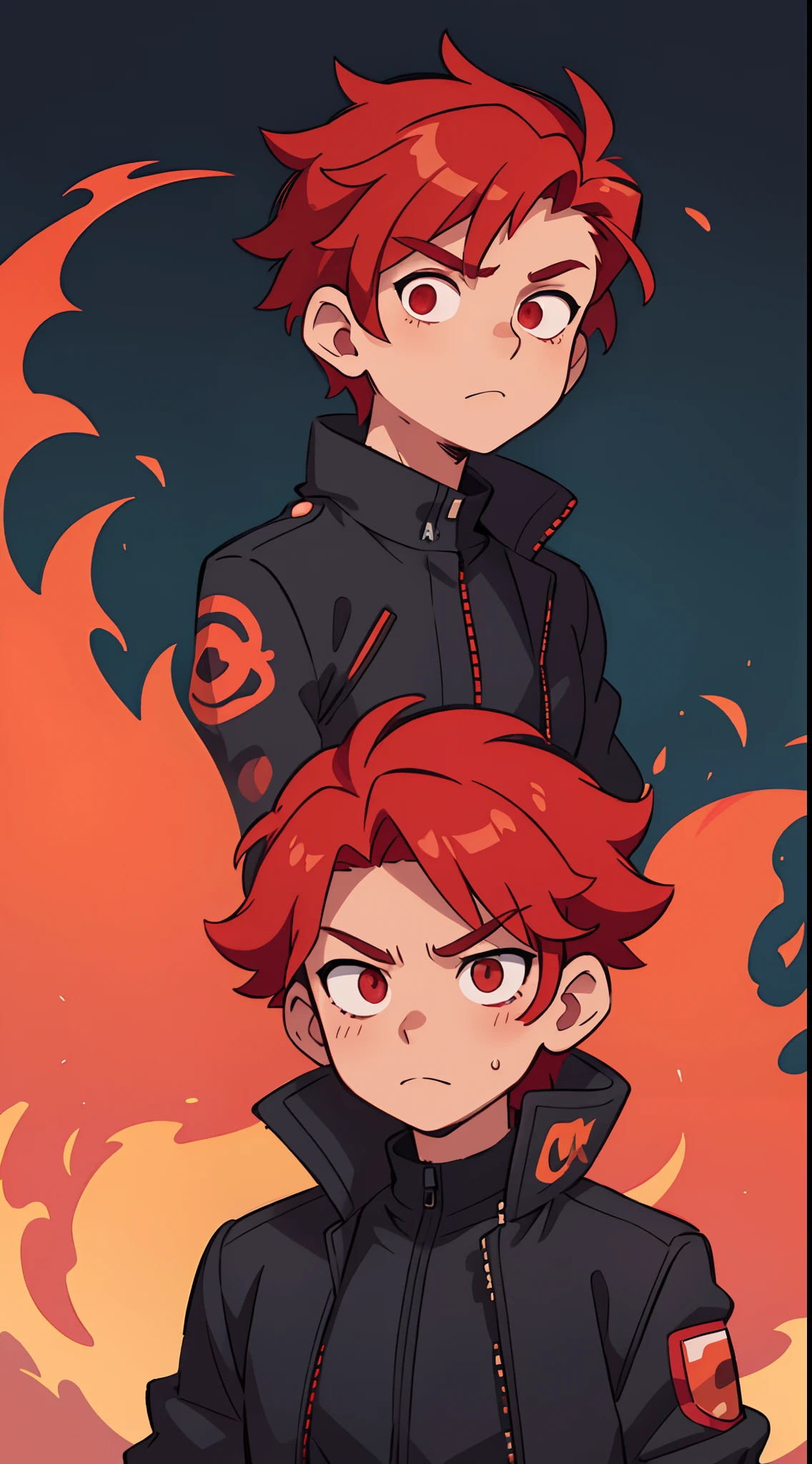 1 male, red hair wearing a black jacket, surrounded by flames