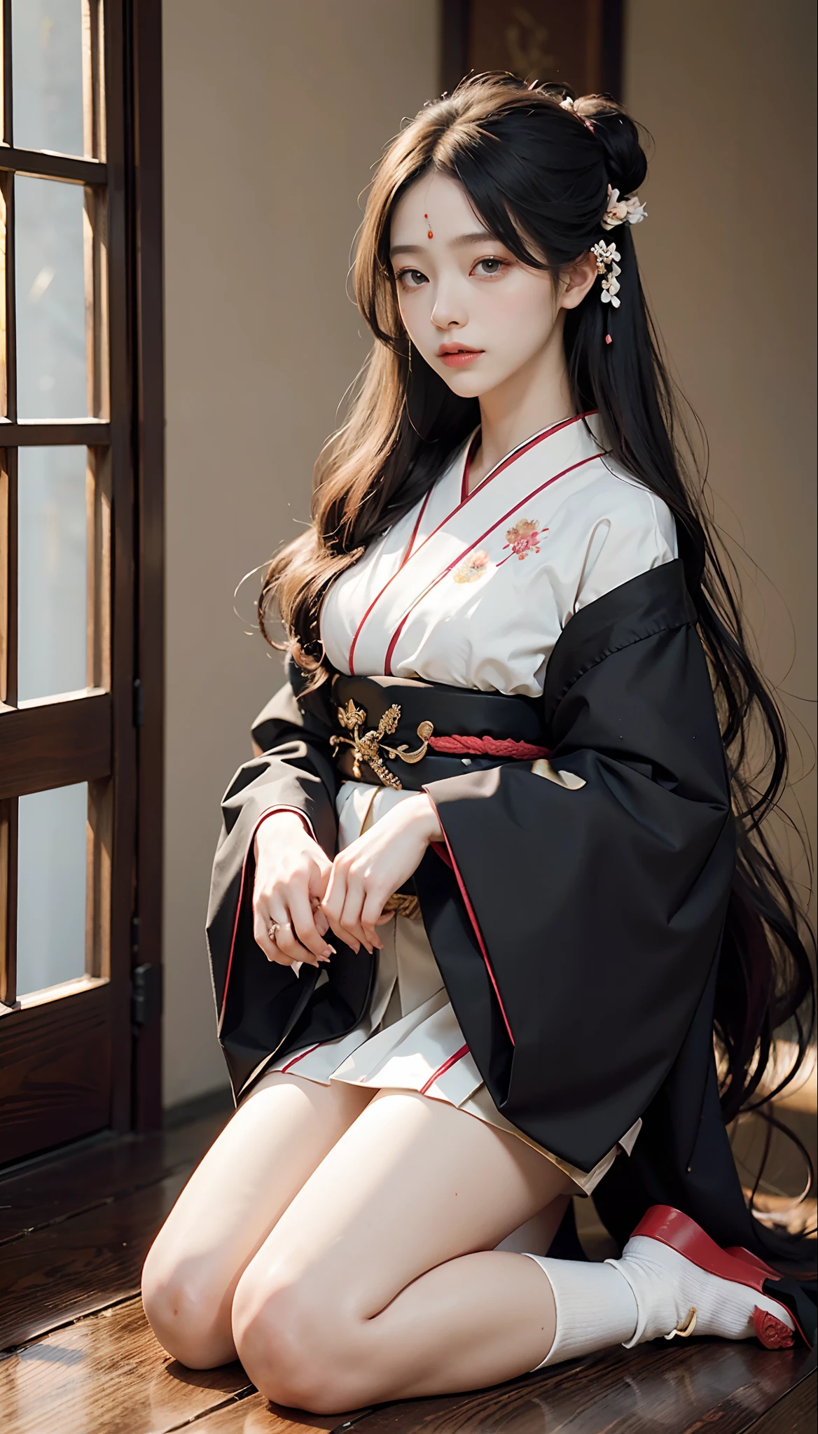 meticulous portrayal of face,1 noblewoman,(Hairpins),(Camellia kimono),(Long flowing colored hair),Simple and elegant Japanese clothing,Collar,(black sock,black sock+,clogs), s the perfect face, perfect hand, Perfect Finger, Perfect lips, perfect eyes,Extremely normal body,Ancient Japanese town background,Perfect background