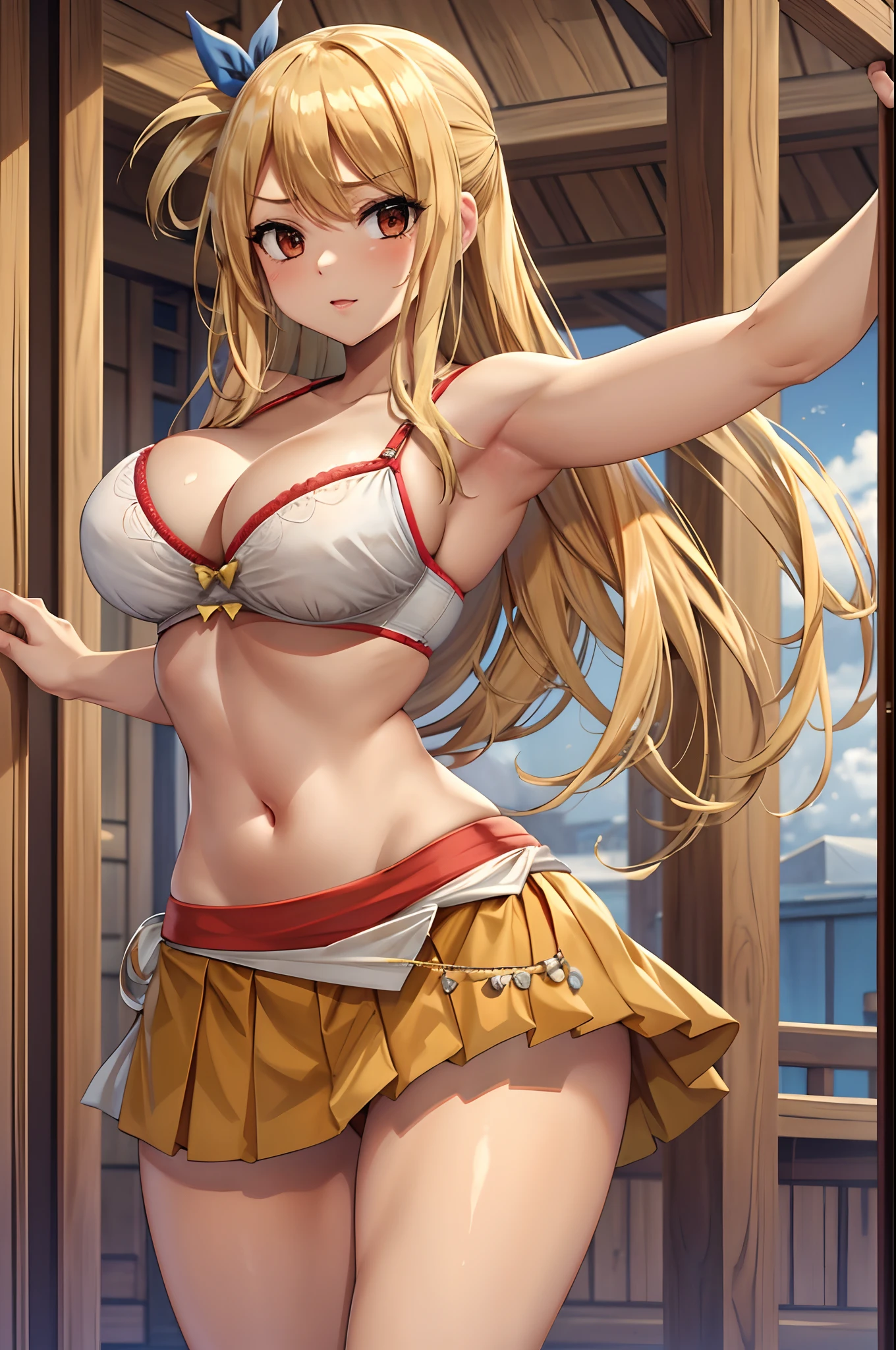 1girl, blonde_hair, rating:safe, lucy_heartfilia, breasts, skirt, long_hair, large_breasts, red indian bra, red indian skirt, indian dancer , wonferful view, great butt, dancing, daring, sexy woman. hot woman, beautiful face ,beautiful skin
