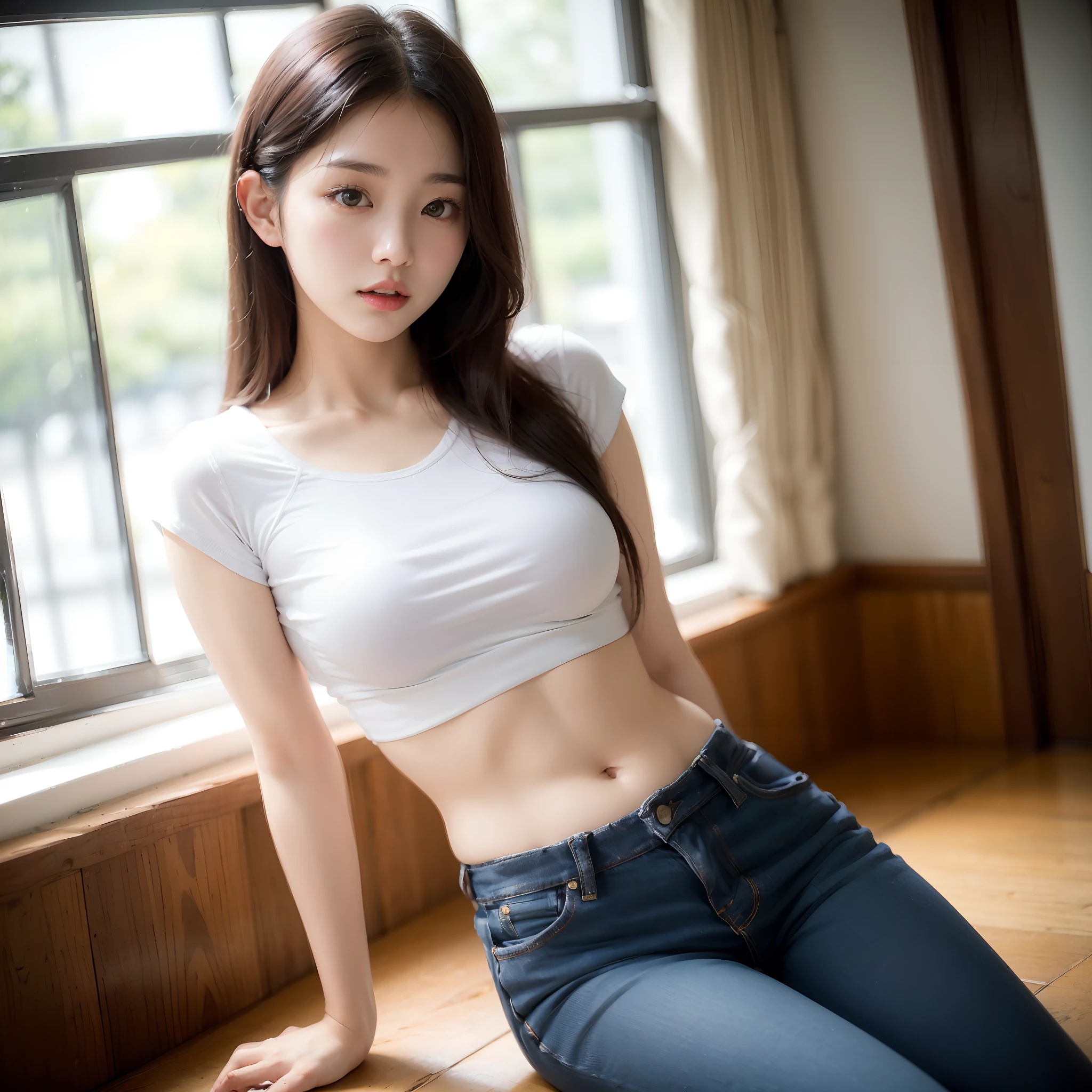 Dark brown hair、Light brown eyes、Japanese actress、 Lady、I am about 40 years old........、(Intricate details:1.2)、 (Ultra-high resolution:1.2)、Ultra-high resolution、(Finely tuned)、(Detailed facial features)、Hmph、8K resolution、D cup size breasts、Long Hair、Bright terrace room with sunlight streaming in、Large windows、Extravagant space、relax、、,Full body photo、Head to toe shot、Beautiful legs、black Loose fit openwork T-shirt、Underwear shorts、Beautiful legs、Bright terrace room with sunlight streaming in、she, household items, (plant:0.8), Fashion Hub, Very detailed, Very detailed, Realistic, Hourglass Shaped Body, Obscene pose,、Messy Hair、Messy ponytail、Leaning against a wall、I cry a lot、tears、Skin is visible through the knit、White floor、White wall、A masterpiece of transparent painting、