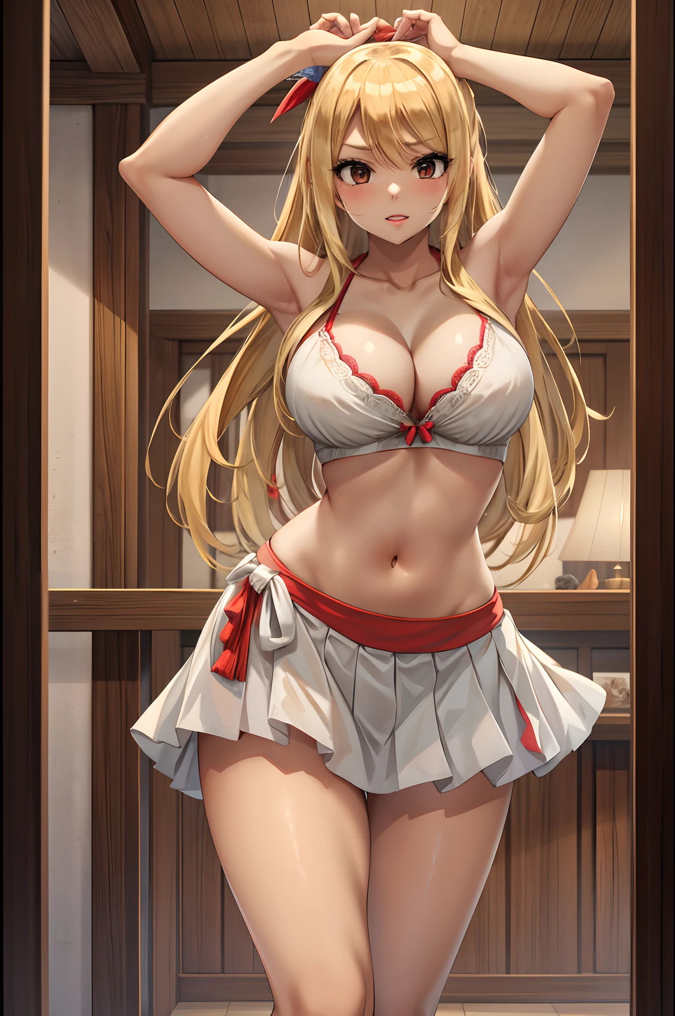 1girl, blonde_hair, rating:safe, lucy_heartfilia, breasts, skirt, long_hair, large_breasts, red indian bra, red indian skirt, indian dancer , wonferful view, great butt, dancing, daring, sexy woman. hot woman, beautiful face ,beautiful skin