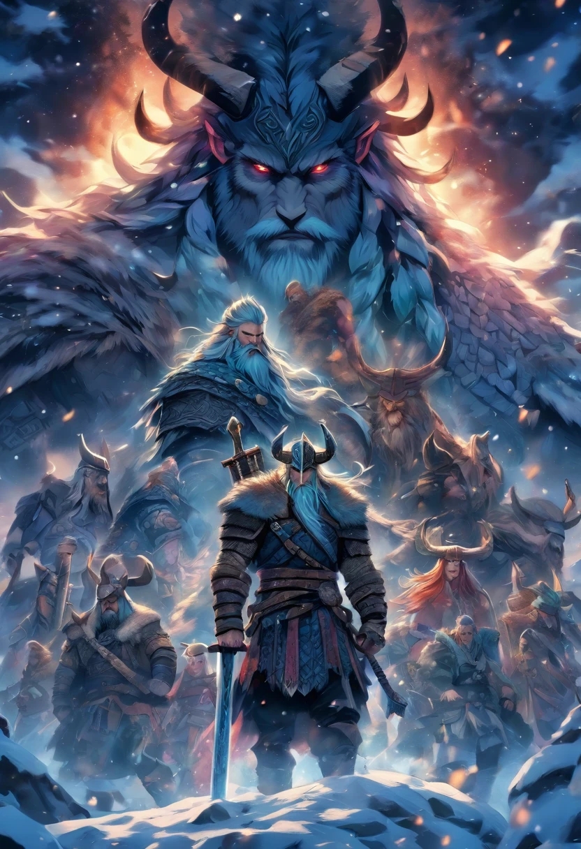 the best quality, very high resolution, detailed 4K CG, master piece, ragnarok, vikings, nordic clothing, viking war, rune tattoos, snow, yggdrasil, nordic mythology, rune tattoo, beautiful aesthetics, beautiful image