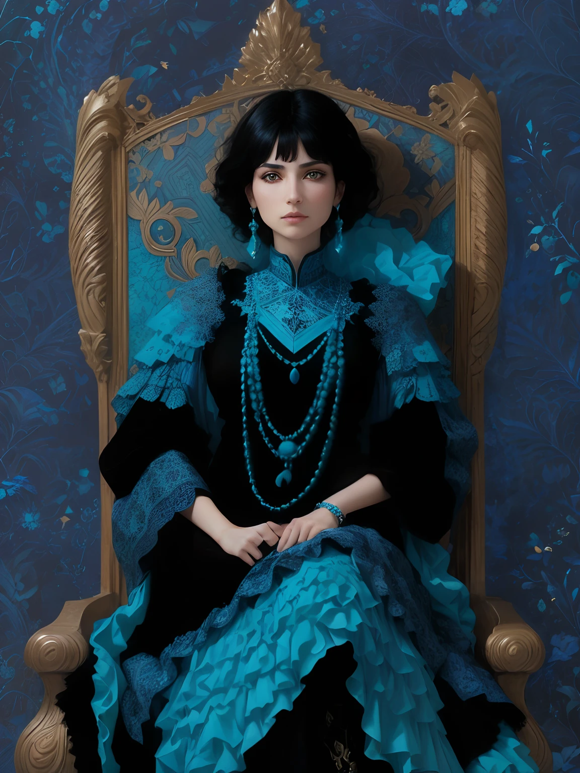 fractal details, Black haired Turkish Angora woman, sitting on a throne with blue, fractal fabric details turquoise and onyx diamond applications.