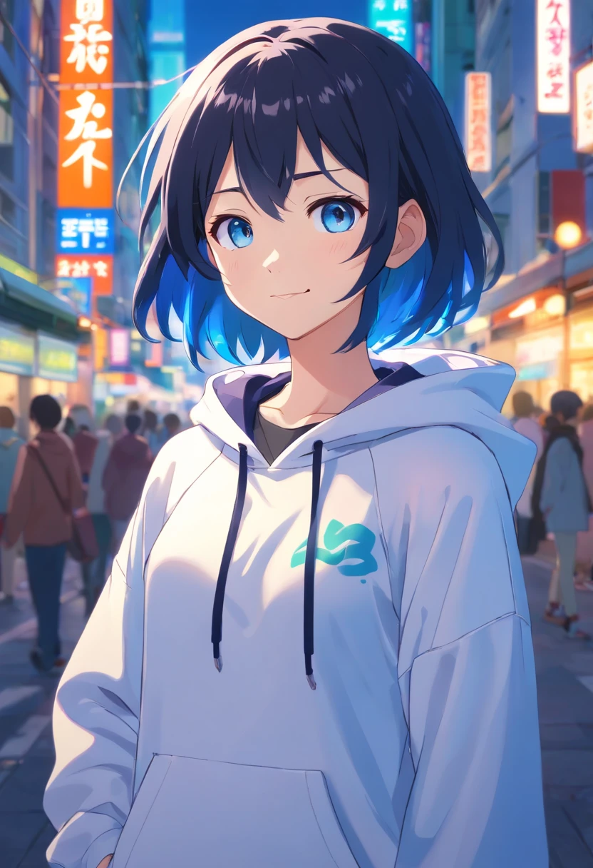 top-quality, ​masterpiece, ultra-detailliert, girl with, 独奏, evil smile,Blue eyes,(Black and blue mesh hair), walking in city,short-cut, multicolored hair、small tits、(neuter)、a pixie cut、a cool、hair over eyes、hair between eye、Blue eyes、natta、long-sleeve、White hoodie