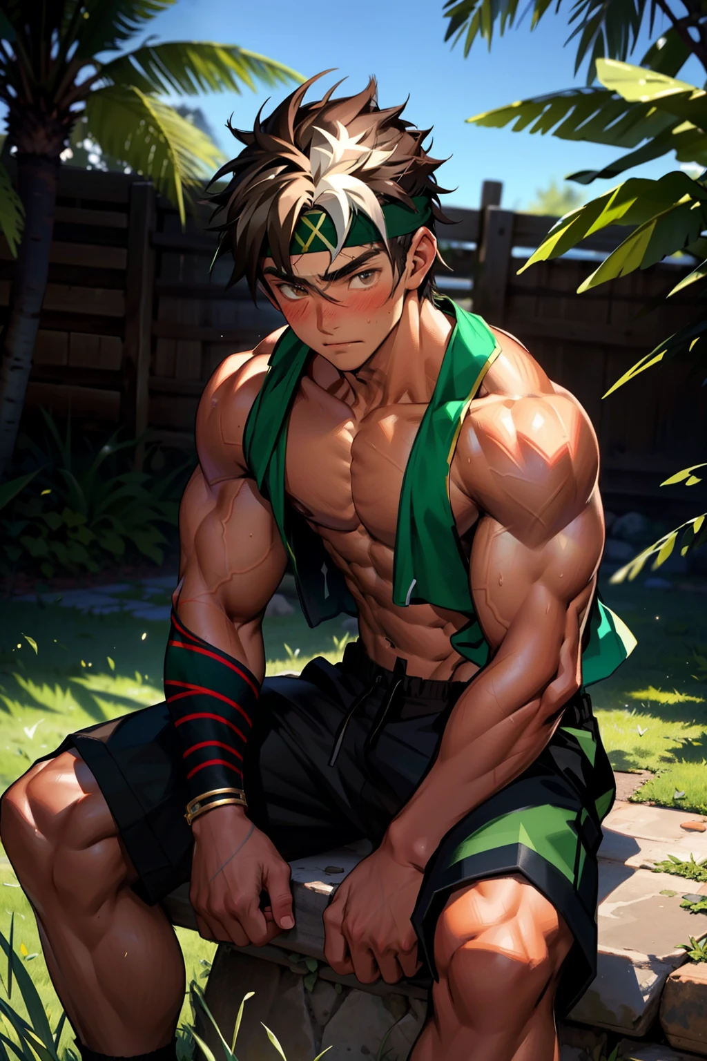 (Masterpiece, Best quality 12 year old boy，Shota), 1boys, Young,Muscular, Short hair, with brown eye, Intricate, Grass, full bodyesbian, Shirtless, Muscles sparkle in the sun,Black shorts,  green headband, Vivid colors,(Depth of field:1.2),(Abs),Blush, view the viewer, Sit on grass,