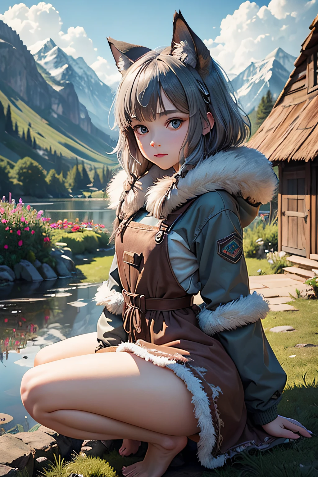Masterpiece,Best Quality,Ultra-detailed,high resolucion,Extremely detailed,Solo,Fantasy,Wolf Beastman,A girl with,21-year-old adult female,(straight, shorth hair),Blue Eyes,Cute face,furs,gray fur,Fluffy neck hair,(Adventure Clothes, brown), barefoot, ultra detailed fur,( five fingers), The overall situation, exterior, village,There is a small pond in the yard, And the mountains are surrounded like a screen behind them, And the yard I see from the two-story wooden building where I live is overgrown with grass, Flowers, And insects. I'm just a in simple clothes and enjoying the sunshine. It creates fairy-tale spaces and real pictures