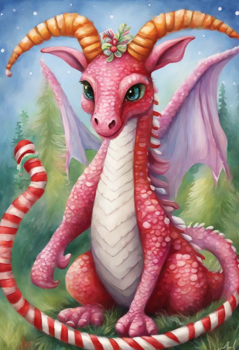 best quality,cute candy cane dragon plush toy,colorful,soft plush texture,smiling face,bright eyes,long plush horns,fluffy wings,sparkling glitter accents,playful pose,adorable tiny paws,sitting on a candy cane,festive holiday colors,magical glow from above,warm and cozy atmosphere,beautifully crafted,delicate stitching details.