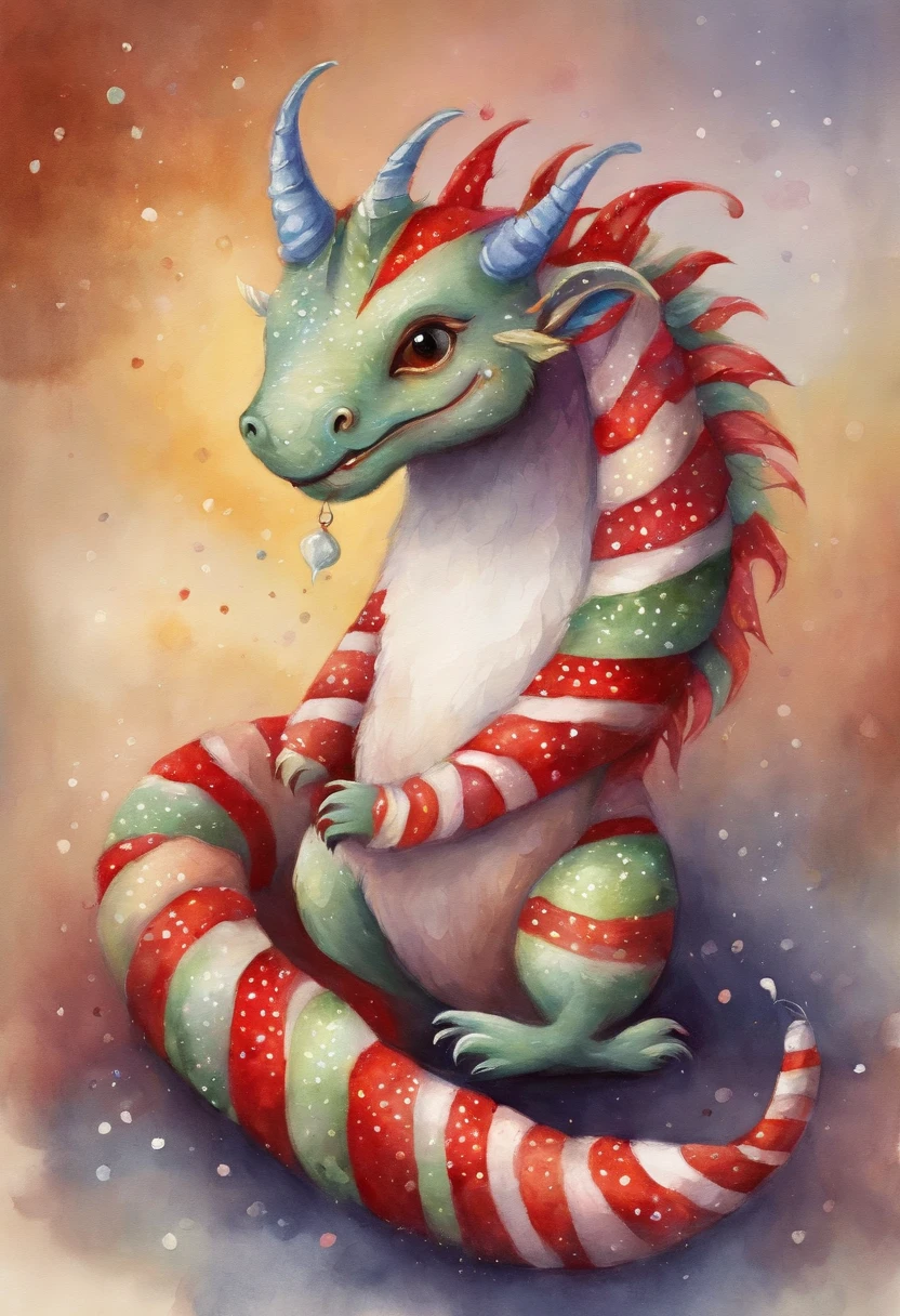 best quality,cute candy cane dragon,colorful,soft plush texture,smiling face,bright eyes,fluffy wings,sparkling glitter accents,playful pose,sitting on a candy cane,festive holiday colors,magical glow from above,warm and cozy atmosphere,beautifully crafted,delicate stitching details.