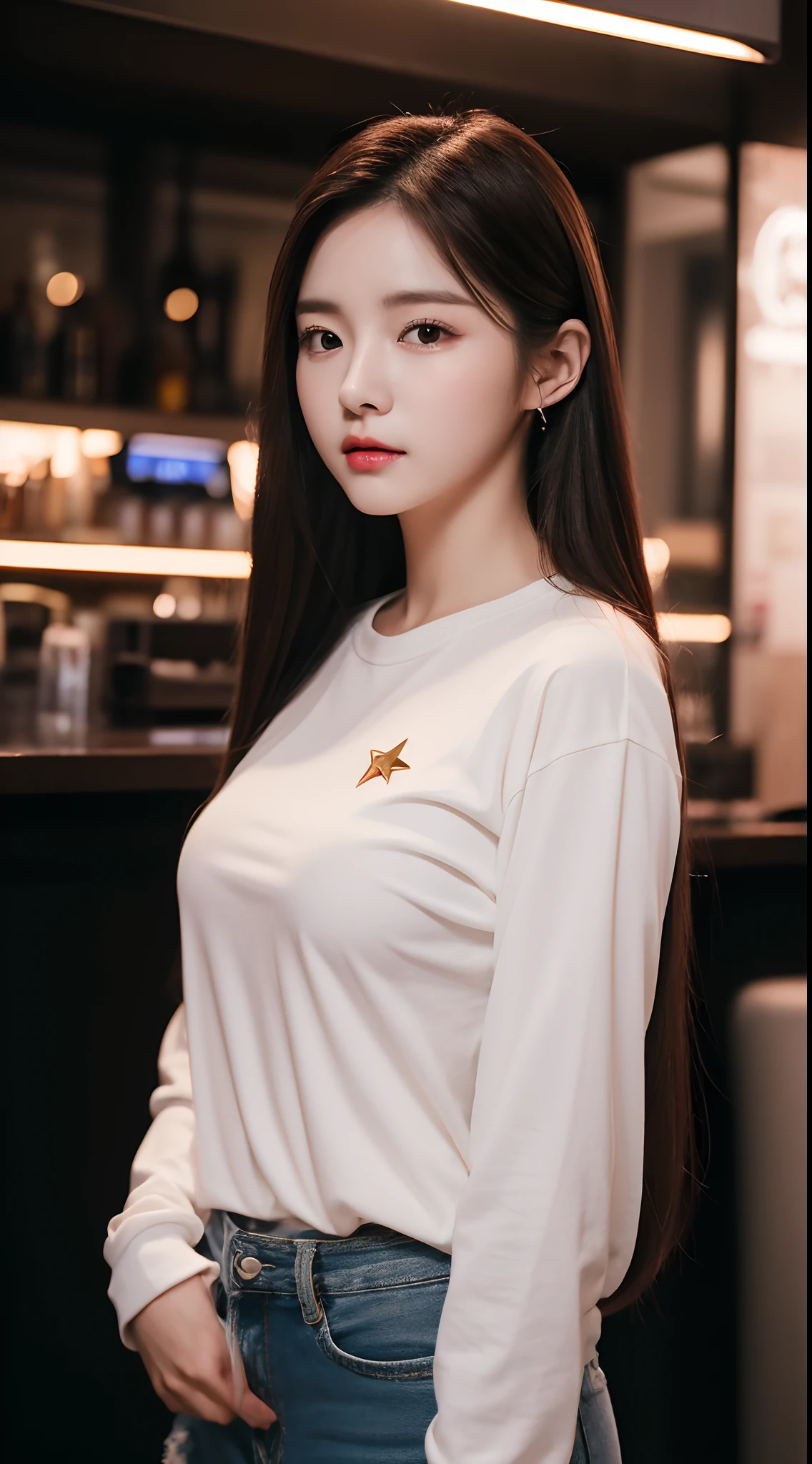 realistic photos of 1 cute Korean star, straight hair, white skin, thin makeup, 32 inch breasts size, wearing long sleeves shirt, pants, standing in the bar, close-up portrait, UHD