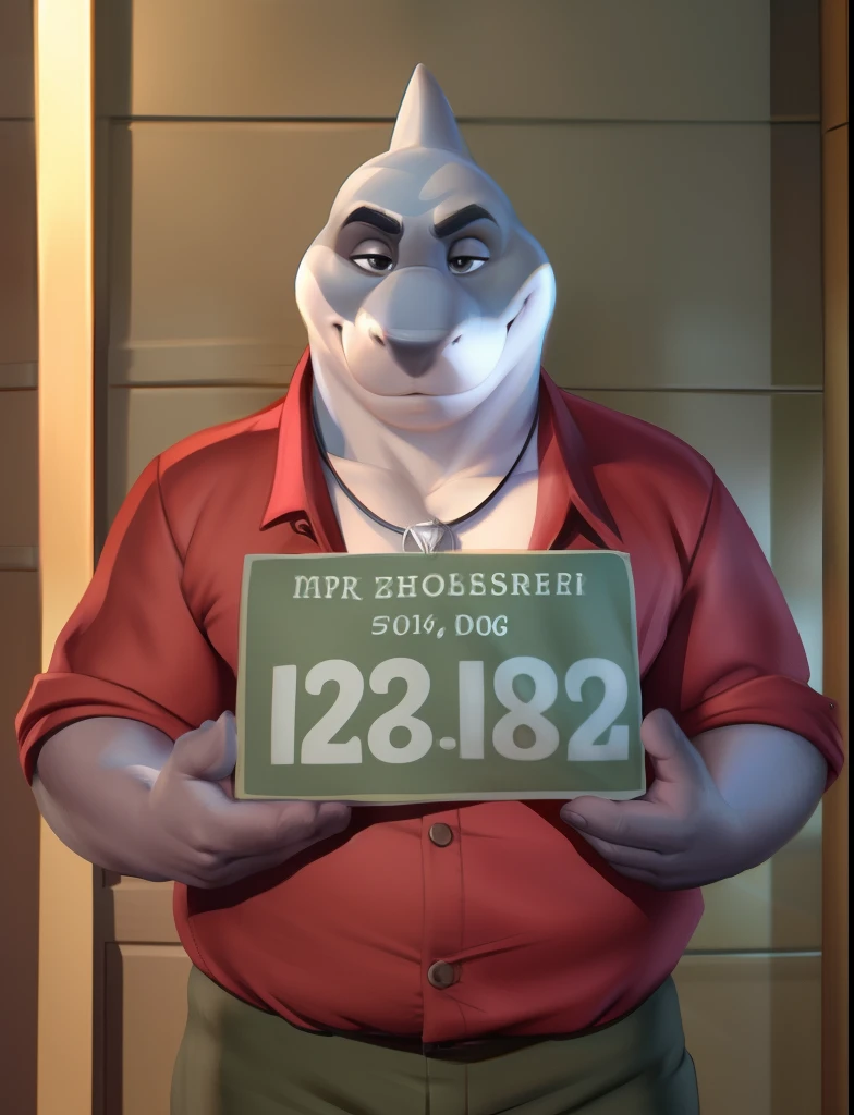 mr shark, plump, fat, belly, black eyes, (pose:1.3), (posing:1.3), (soft shading), 4k, hi res, five fingers, detailed hands, ((detailed face, (detailed eyes:1.0), detailed)), (full body), by zackarry911, by zaush, (by personalami:0.5), looking at viewer, shirt, 1boy, jacket, male focus, open clothes, pants, red shirt, dog tags, green pants, giant head, huge head, big head