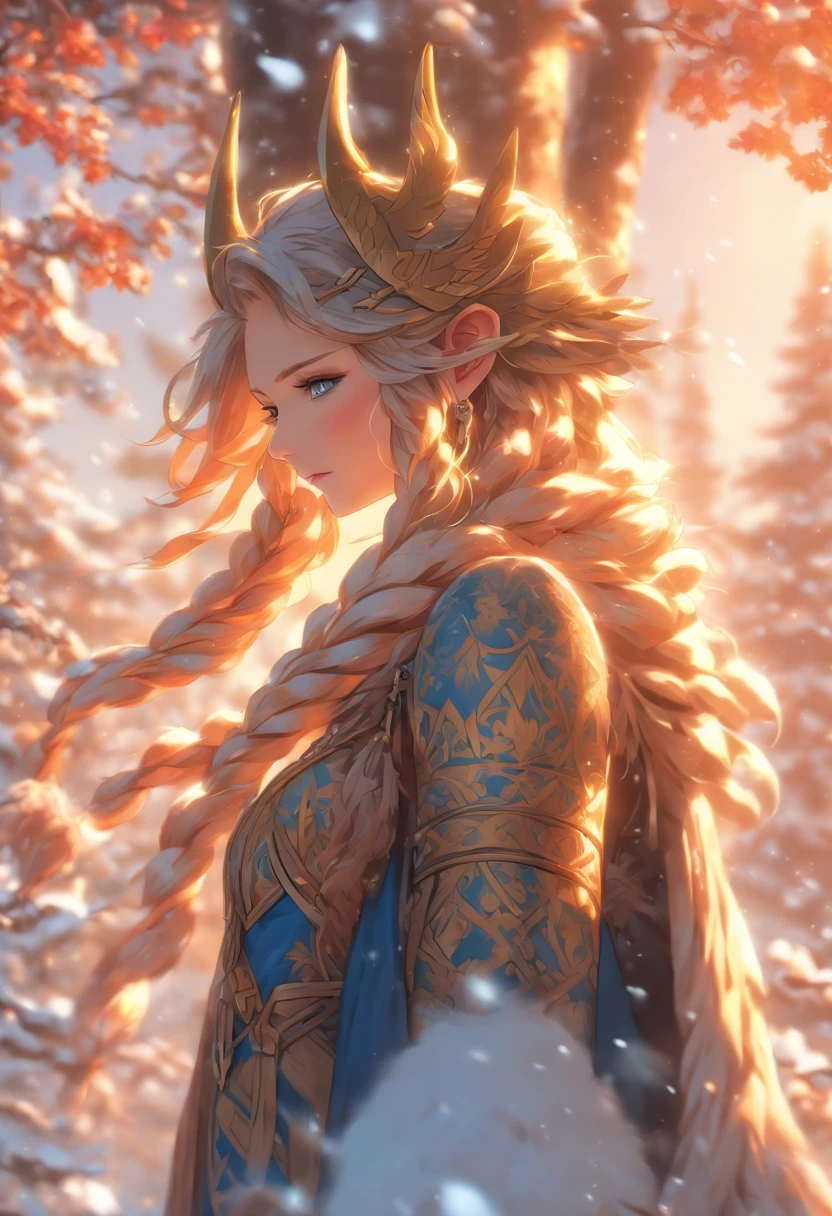 the best quality, very high resolution, detailed 4K CG, master piece, Freyja, Goddess of beauty, Norse Goddess, woman, rune tattoos, snow, tall trees, blue sky, Norse Mythology, Rune Tattoo, beautiful aesthetics, Beautiful image