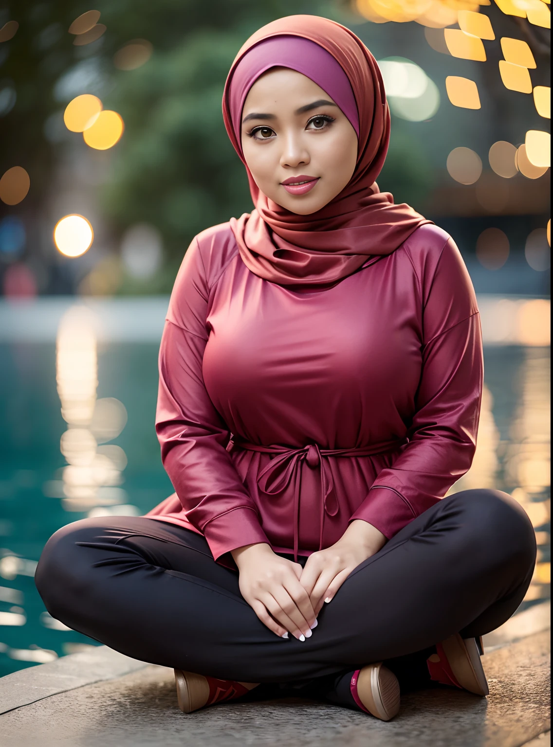 (Best quality, high resolution, works: 1.3), beautiful Malay woman in hijab, 30 year, wearing hodie, big breasts, (sitting),(spreading legs wide open),no panties, naked, outdoors, park, fountain, drink , ((( Bokeh ) )), depth of field,