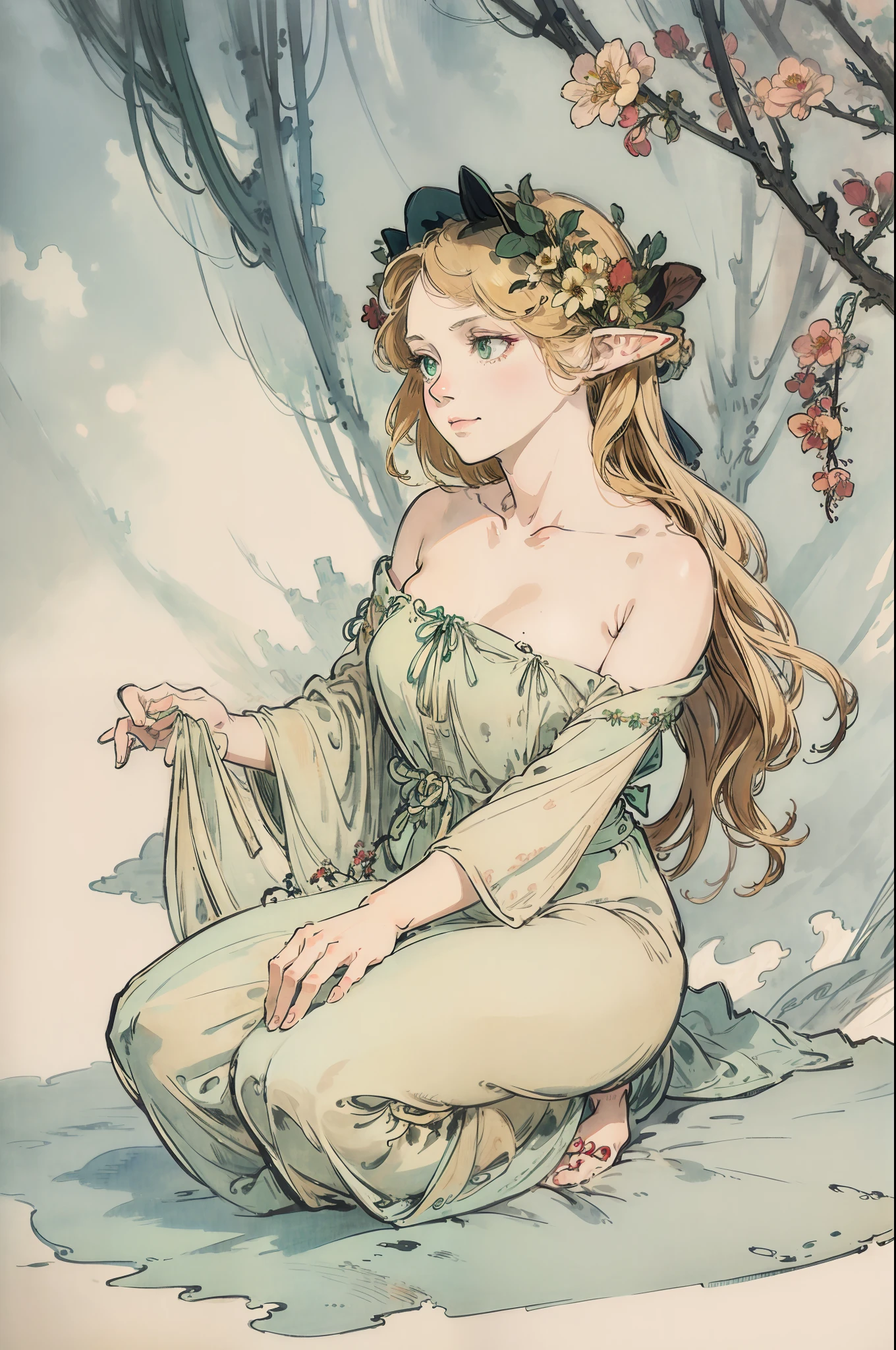 SFW,masutepiece, Best Quality, High resolution, 1girl in, Full body, Details Girl, detail hands, Detail fingers, Detail Face, detail legs, 1girl in, elf, Looking down, Flower Garden, Black sky, smog, watercolor paiting, pale skin, Petite, Blonde hair, Long hair, Wavy Hair, saddened, mournful smile, Green eyes, tareme, medium breasts, white sundress, Bare back, Kneeling, Planting trees